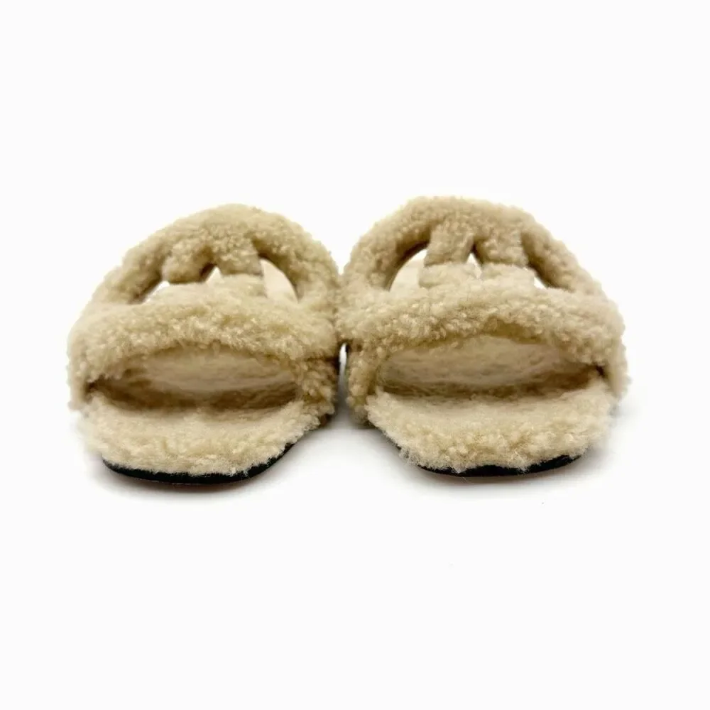 GUCCI Wool Shearling Fur GG Sandal Mule 37.5 Interlocking GG Logo Slip On Slide